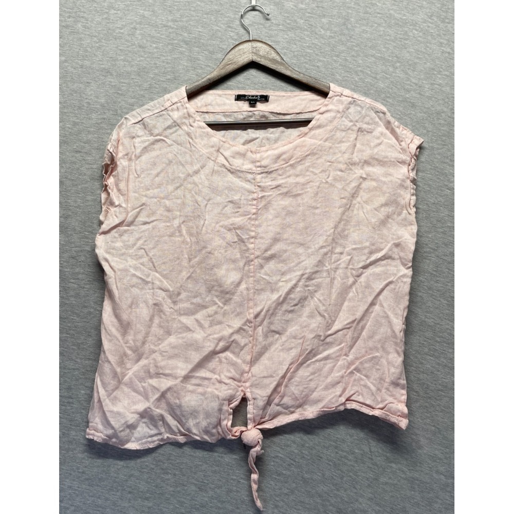 Charlie B Blouse Top Women Large Light Pink Linen Round Neck Cap Sleeve Knot Hem
